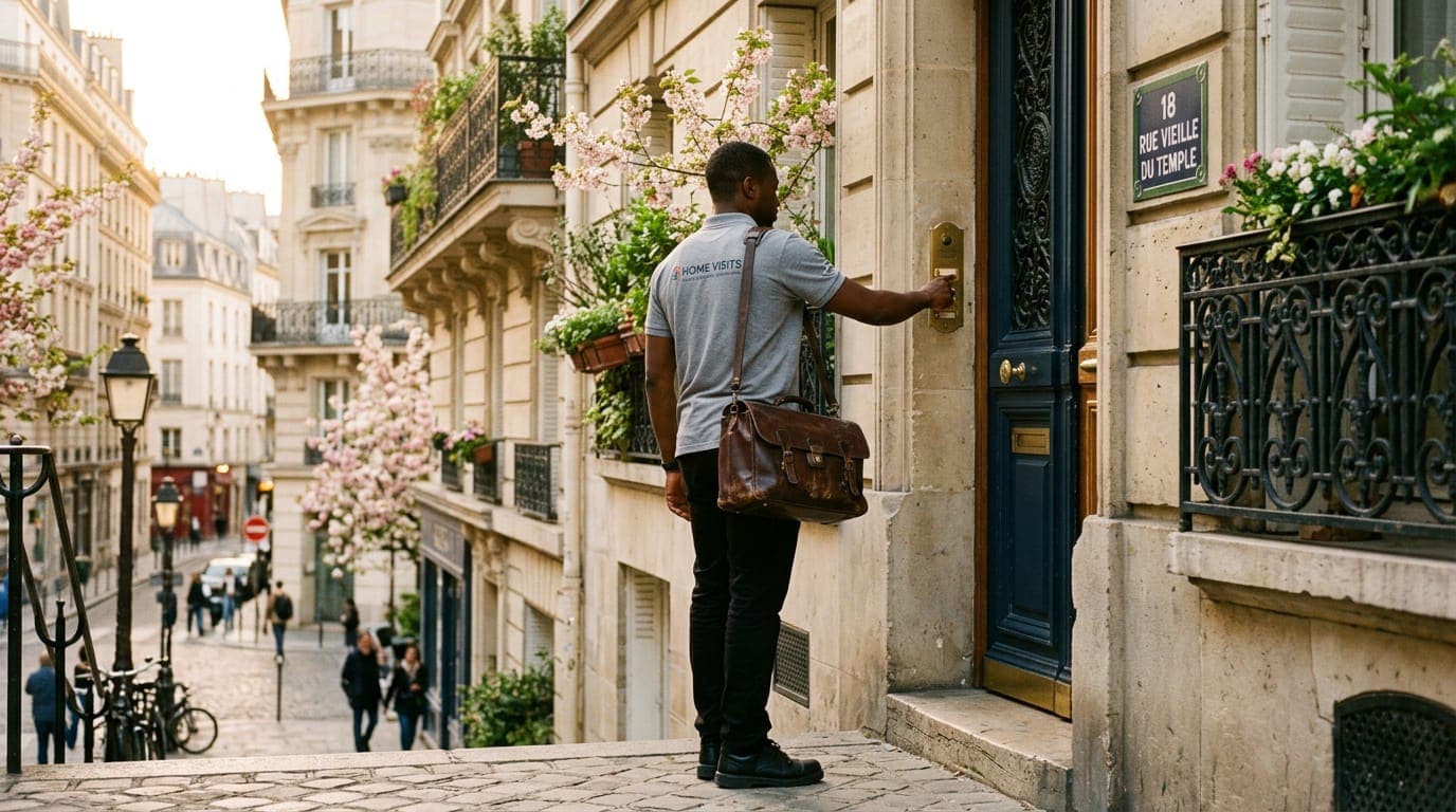 Infirmier en tournée, sacoche à l’épaule, devant la porte d’un immeuble