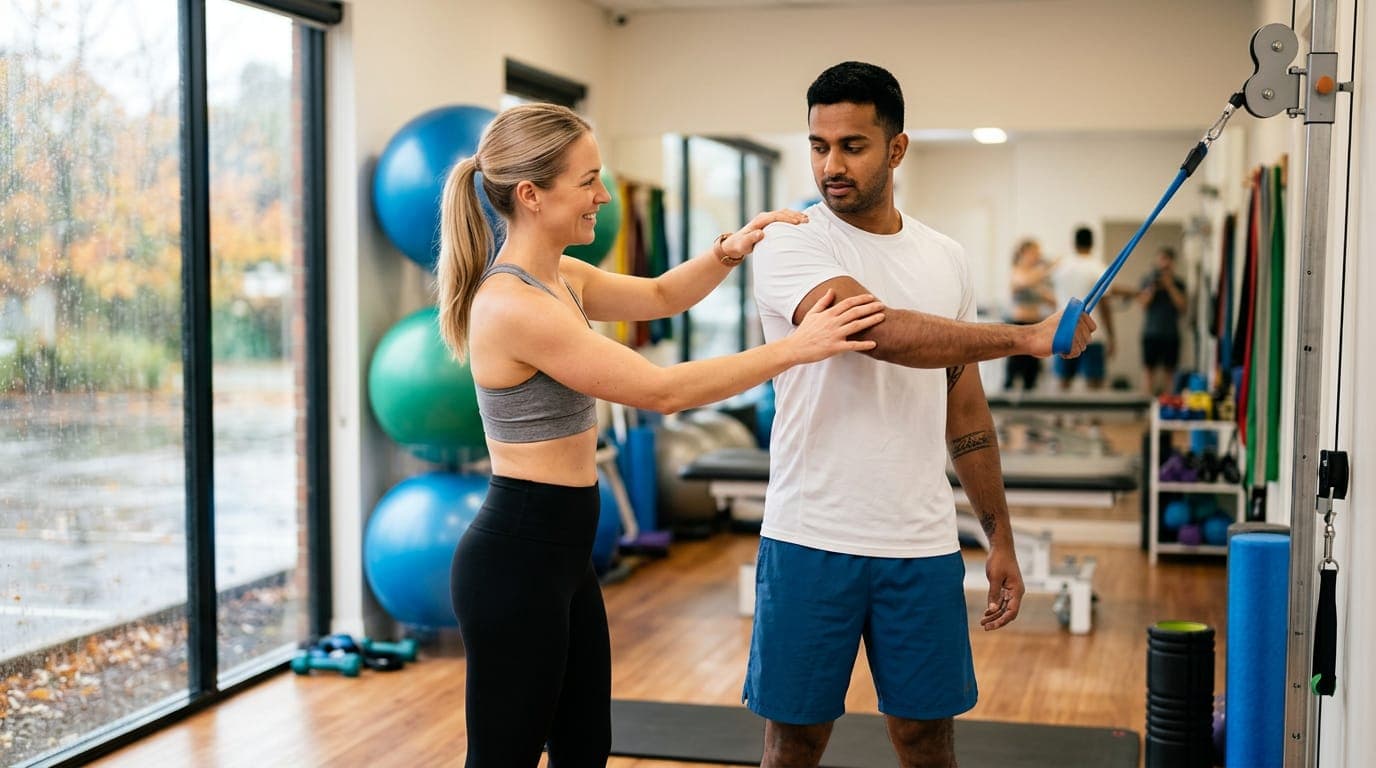 Kinésithérapeute guidant une patiente pendant un exercice de l’épaule