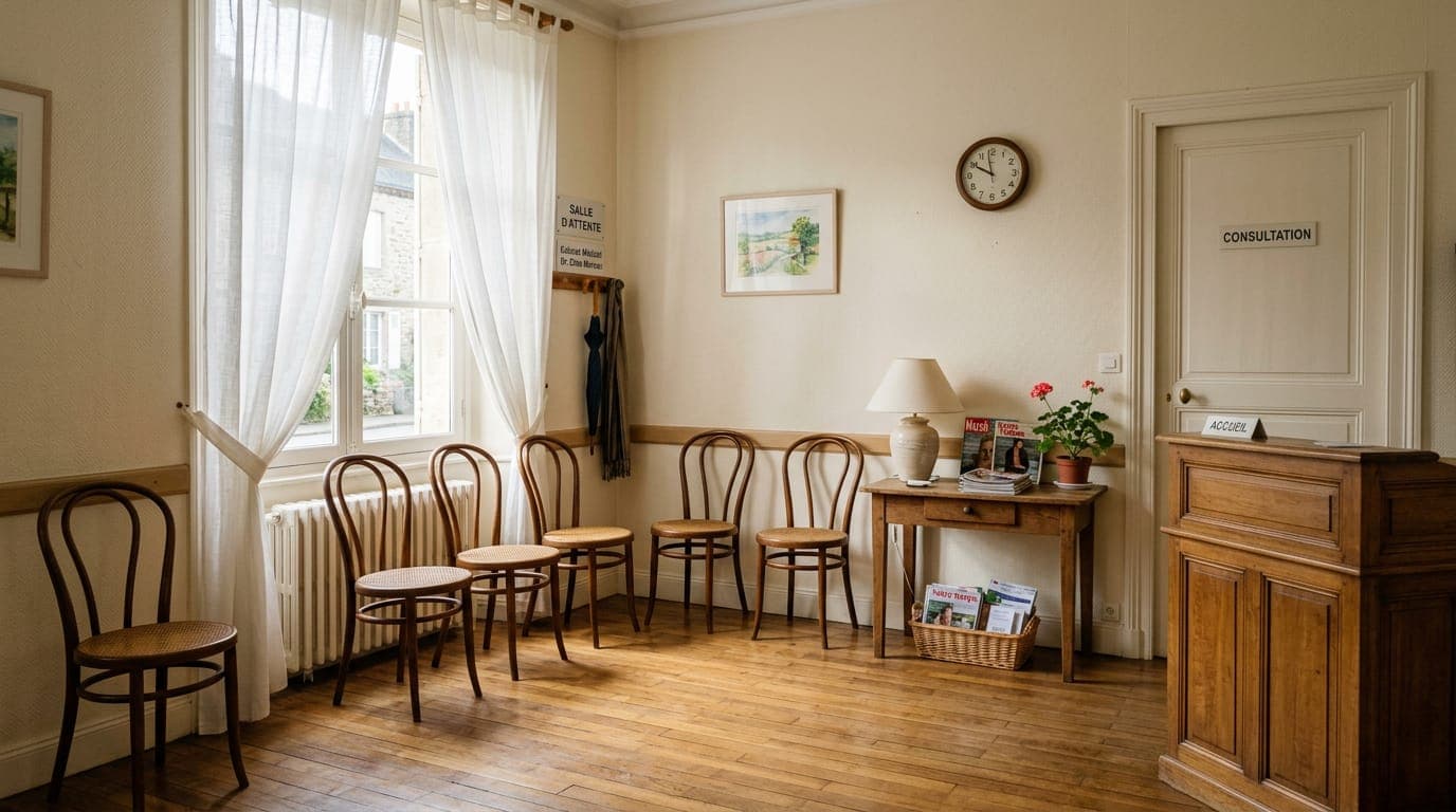 Salle d’attente paisible d’un cabinet médical, lumière du matin