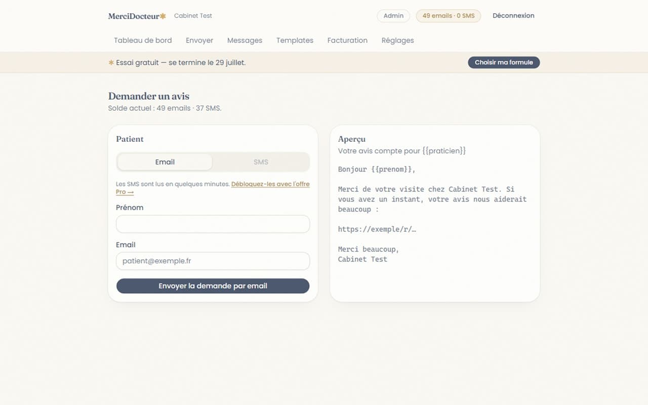 Page « Demander un avis » du tableau de bord MerciDocteur, avec aperçu du message envoyé au patient