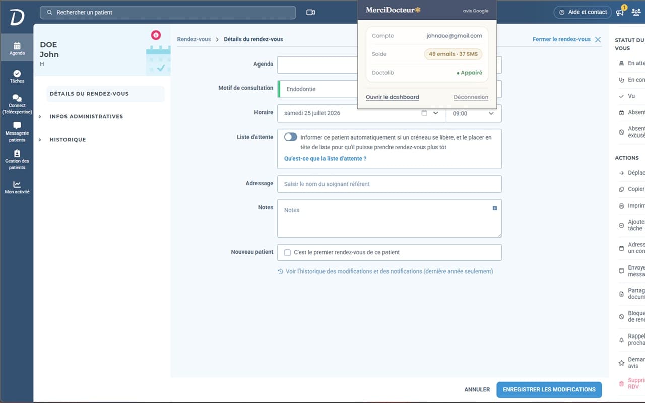 Popup de l’extension MerciDocteur affichant le compte connecté, le solde et l’état d’appairage Doctolib