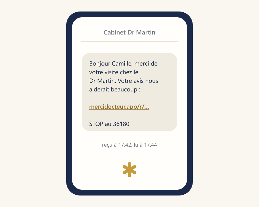 Exemple de SMS de demande d’avis avec lien direct et mention STOP