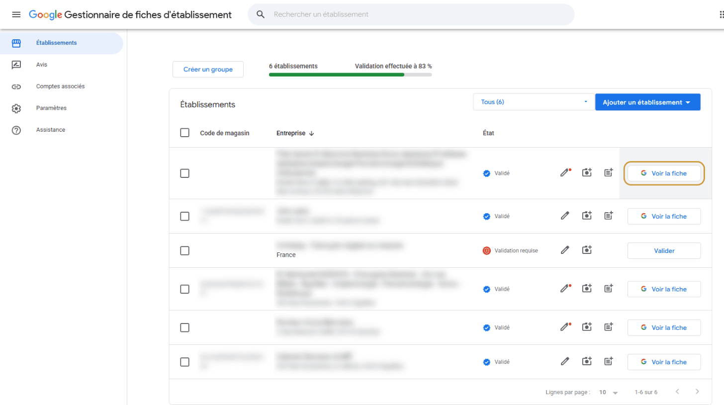 Liste des fiches d’établissement sur business.google.com, avec le bouton « Voir la fiche » mis en évidence