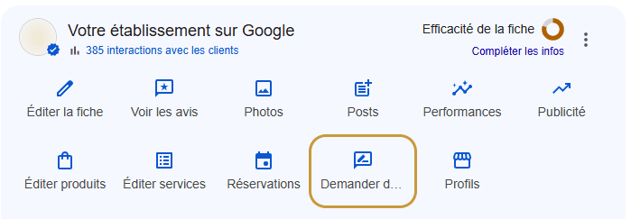 Panneau d’administration de la fiche Google, tuile « Demander des avis » entourée