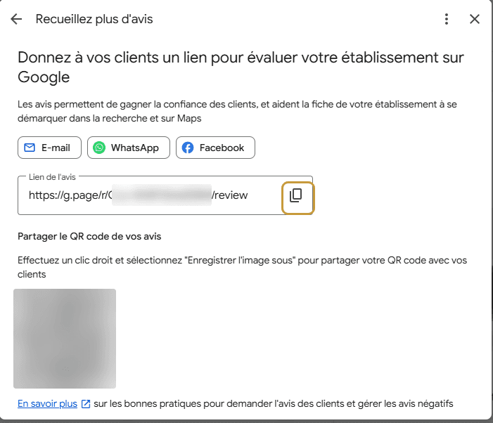 Fenêtre « Recueillez plus d’avis » : champ « Lien de l’avis » au format g.page, icône de copie entourée, et QR code