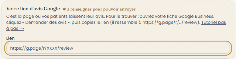 Champ « Votre lien d’avis Google » dans les réglages de MerciDocteur